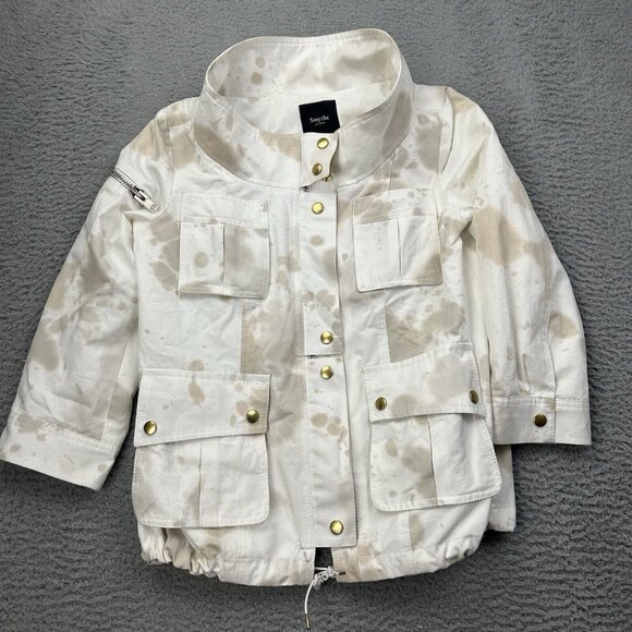 Smythe Cropped Sleeve Jacket White Tan Splash Blotch Pattern Size 4 Women’s - Picture 1 of 8